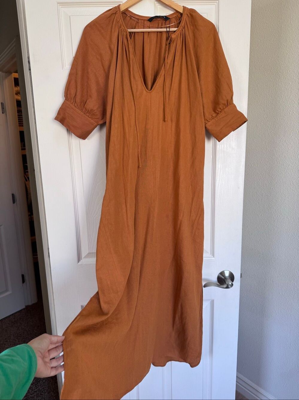 Zara women's S shirt dress pullover copper cottagecore peasant linen short puff